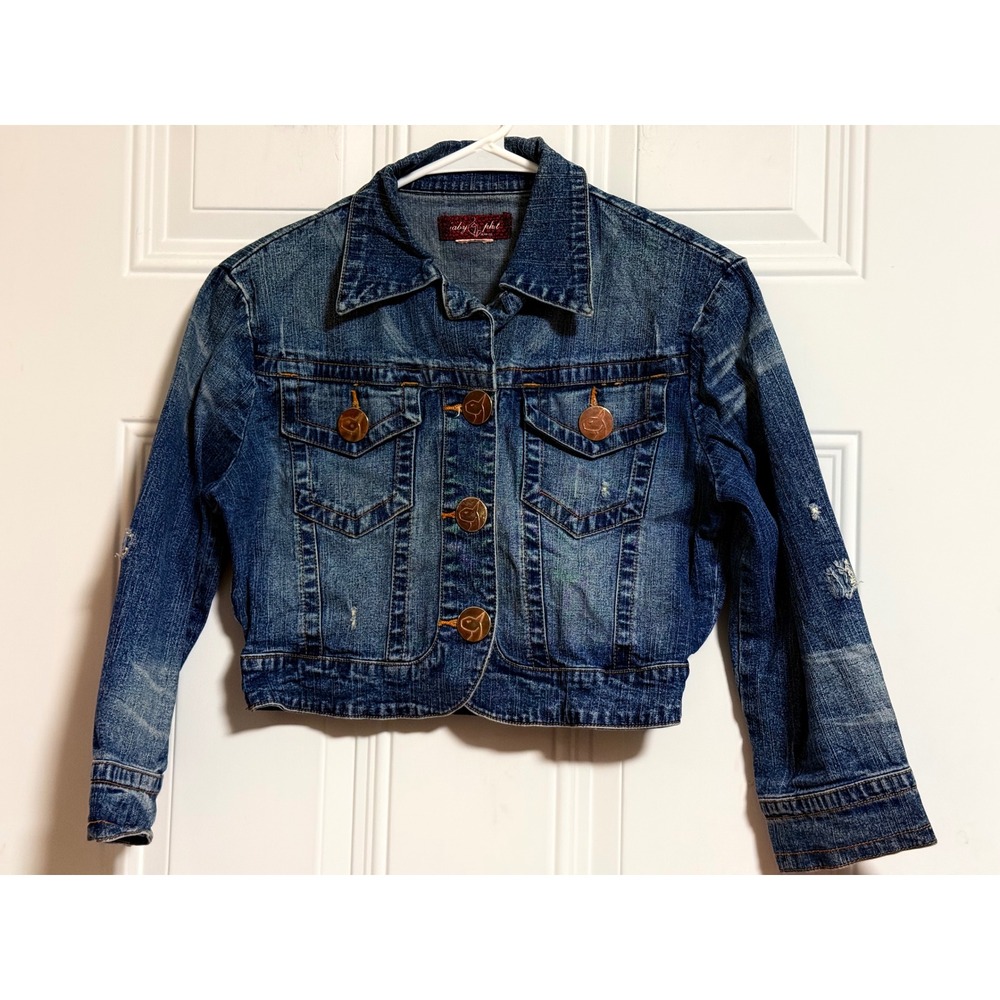 Baby Phat Vintage Y2K Cropped‎ Distressed Denim Jacket Rhinestone Logo Blue Med.